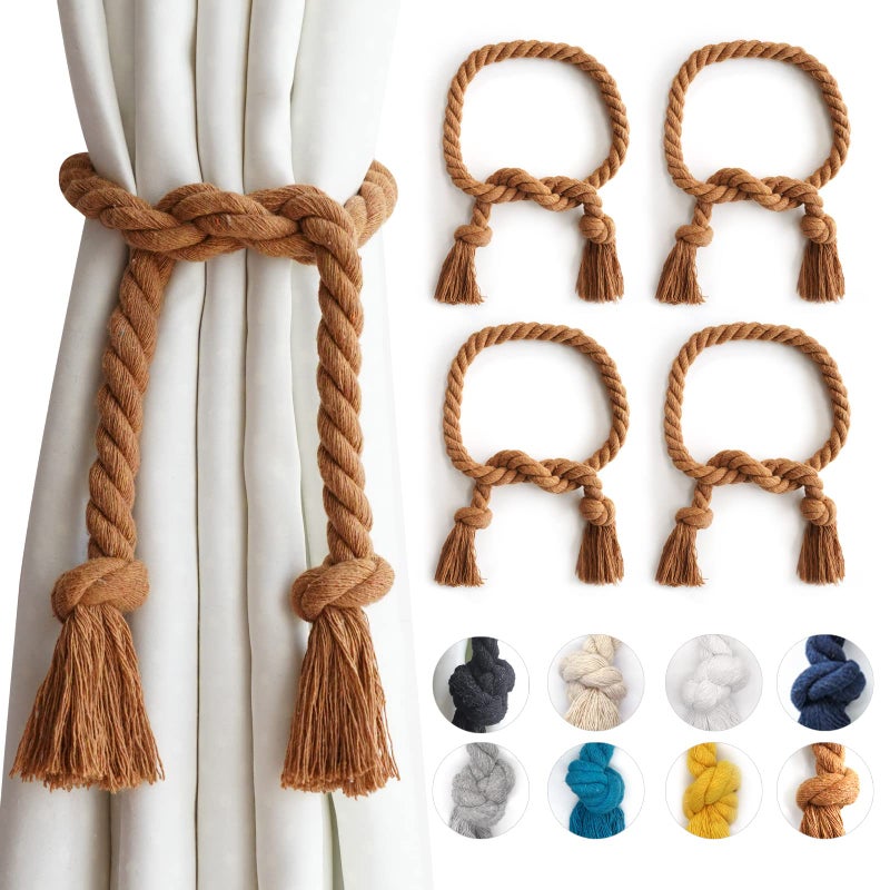Yteseery 4 Pack Outdoor Curtain Tiebacks Rope, Natural Cotton Curtain Holders, Village Rural Rustic Curtain Holdbacks, Farmhouse Boho Rope Curtain Tie Back for Drapery Patio Drapes, (Coffee) - Image 1